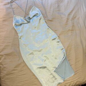 NEW Billie Drape Midi Dress in Dusty Blue Light Icy Satin Silk